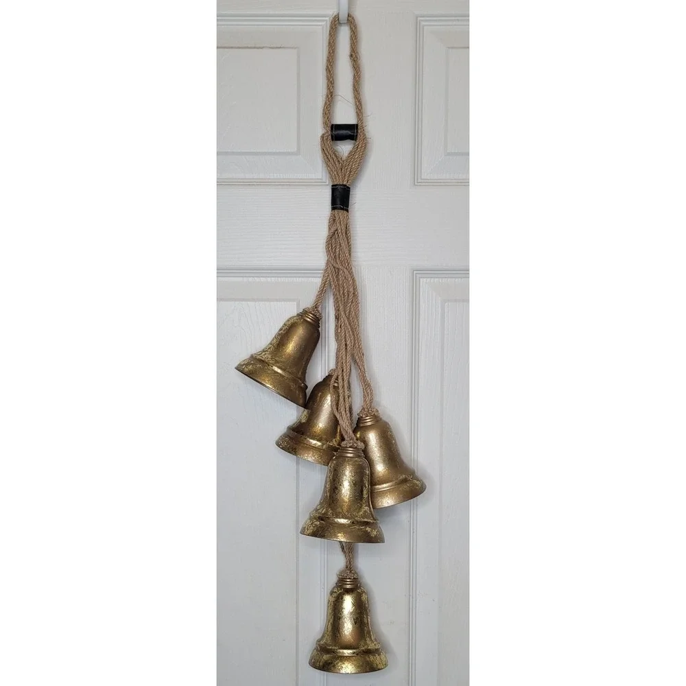 Rustic 5 Hanging Bells Gold Metal Bells w/ Jute Rope‎ Distressed Holidays Decor